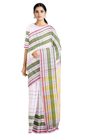 White Saree with Multi Colour Checks and Green, Pink and Magenta Border