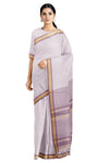 White Saree with Violet Lines and Beige Border