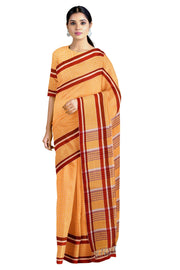 Yellow and Orange Self Check Saree with Red, White and Maroon Border