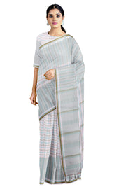 White Saree with Blue and Green Checks and Lining Border