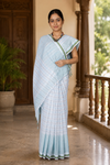 White Saree with Sage Green and Sky Blue Linings and Border