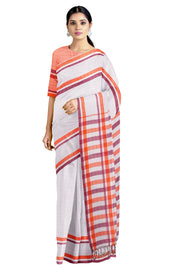 White Self Check Saree with Orange and Magenta Border