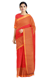 Crimson Red Saree with Yellow Striped and Red, Yellow Border