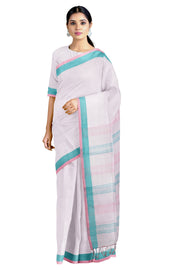 Self Striped White Saree with Blue and Pink Border