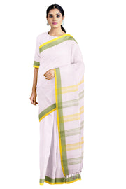 Self Striped White Saree with Green and Yellow Border