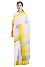 White Check Saree with Yellow and Green Border