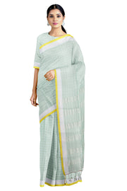 Green Saree with White Checks and White and Yellow Border