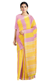 Pink and Yellow Striped Saree with Same Border