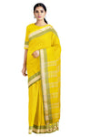 Self Striped Yellow Saree with Green and Golden Border