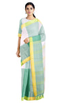 Green and White Striped Saree with Yellow Border
