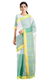 Green and White Striped Saree with Yellow Border