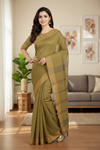 Olive Green Saree with Yellow, Green and Orange Border