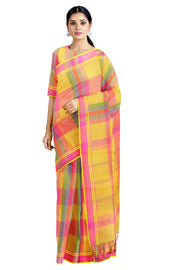 Yellow and Magenta Lining Multi Colour Check Saree with Same Border