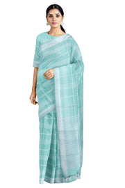 Cyan Saree with White Checks and Border