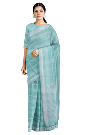 Cyan Saree with White Checks and Border