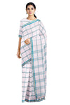 White Saree with Blue and Beige Lined Checks and Border