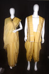 Yellow Couple Set with Brown Border and White Stripes in Saree and Dupatta