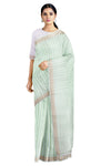 Light Fern Green Saree with White Striped and Brown Border