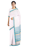 Self Striped White Saree with Beige and Blue Border