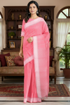 Pink Saree with White Striped and White Border