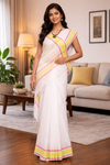 White Saree with Yellow and Magenta Border