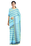 Sky Blue Saree with Blue, Yellow Striped and Yellow Border