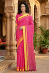 Magenta Saree with Yellow Striped and Yellow Border
