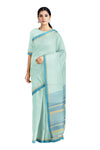 Cyan and White Striped Saree with Beige and Blue Border