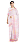 White Saree with Magenta and Yellow Checks and Border