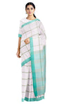 White Saree with Green Checks and Cyan Border