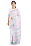 White Saree with Pink and Cyan Checks and Border