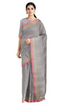Grey Saree with White Checks and Green and Red Border