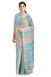 Blue, Green and Beige Striped Saree with White Border