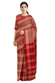 White, Orange, Brown and Maroon Striped Saree with Red Border