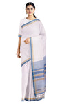 White Saree with Beige, Grey and Blue Border