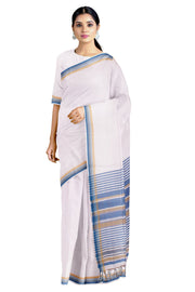 White Saree with Beige, Grey and Blue Border
