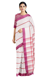 White Saree with Red Stripes and Magenta Border