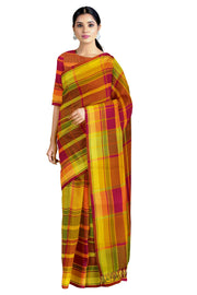 Magenta, Yellow and Green Striped Check Saree with Same Borders