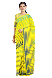 Yellow Saree with Blue and Green Stripes and Border