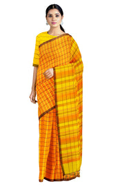 Orange Saree with Yellow and Brown Checks and Border