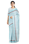 White, Sky Blue Check Saree with Gray, Sky Blue Border