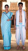Couple Set with Blue and White Check Saree and Dhoti Dupatta with Sky Blue Border