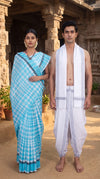Couple Set with Blue and White Check Saree and Dhoti Dupatta with Grey Border