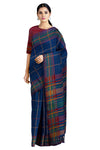 Blue Saree with Orange Checks and Green and Magenta Border