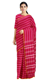 Red, Magenta and White Striped Saree with Yellow Border