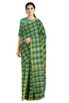 Blue, Green, Yellow and White Check Saree with Golden Zari Border