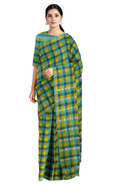 Blue, Green, Yellow and White Check Saree with Golden Zari Border