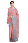Red Saree with White Checks and Blue Border