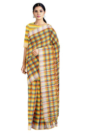 Orange, Blue, Yellow and Green Saree with White Border