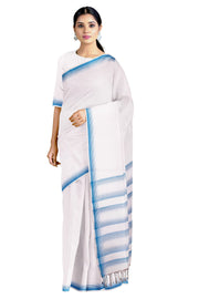 White Saree with Blue Border